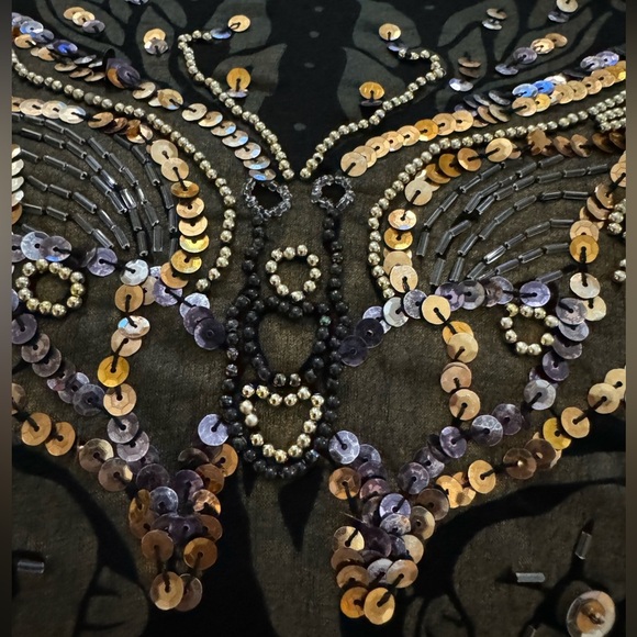 Y2K Embellished Beaded Butterfly Sparkle Black Floral Women's Top One Size VTG - Picture 13 of 15